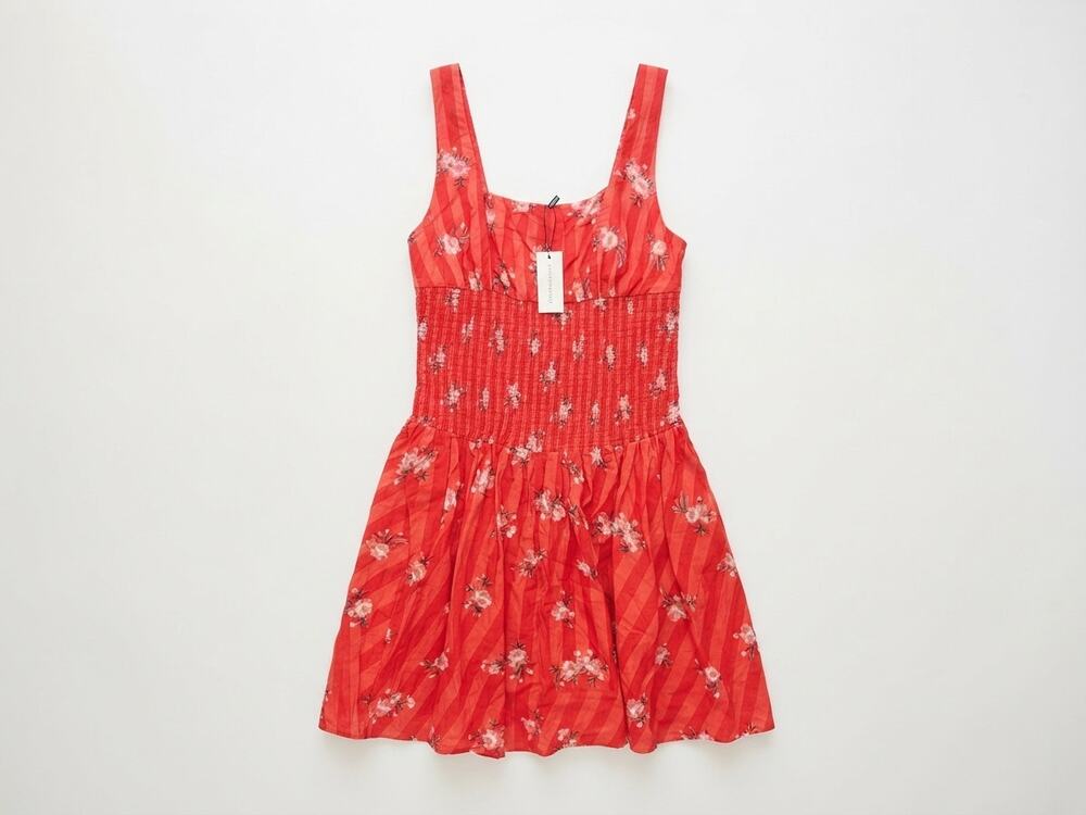 NEW Anthropologie S Red Floral Bubble Hem Smocked Dress Cottage Sun Boho